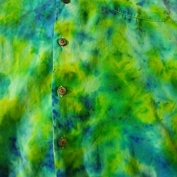 Tie Dyed Blue & Green 100% Silk Camp Shirt - Picture 7 of 7